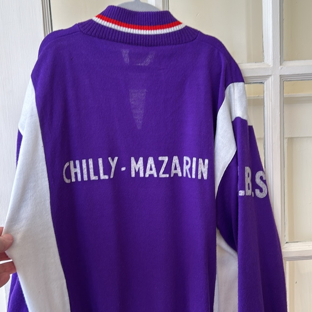 Authentic vintage Chilly Mazarin cycling jersey, acrylic “wool” purple white red